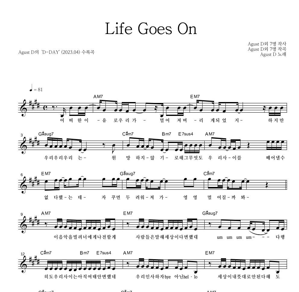 Agust D - Life Goes On 멜로디 악보 
