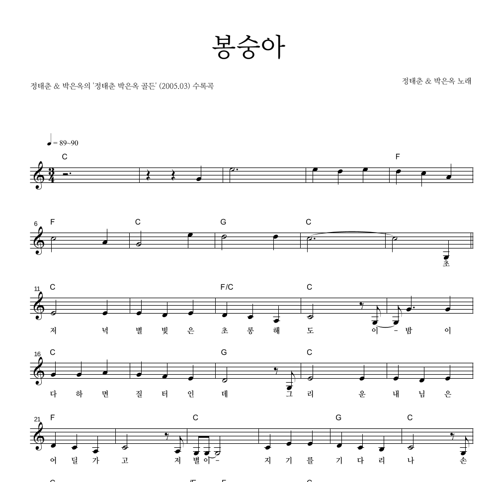 정태춘,박은옥 - 봉숭아 멜로디 악보 