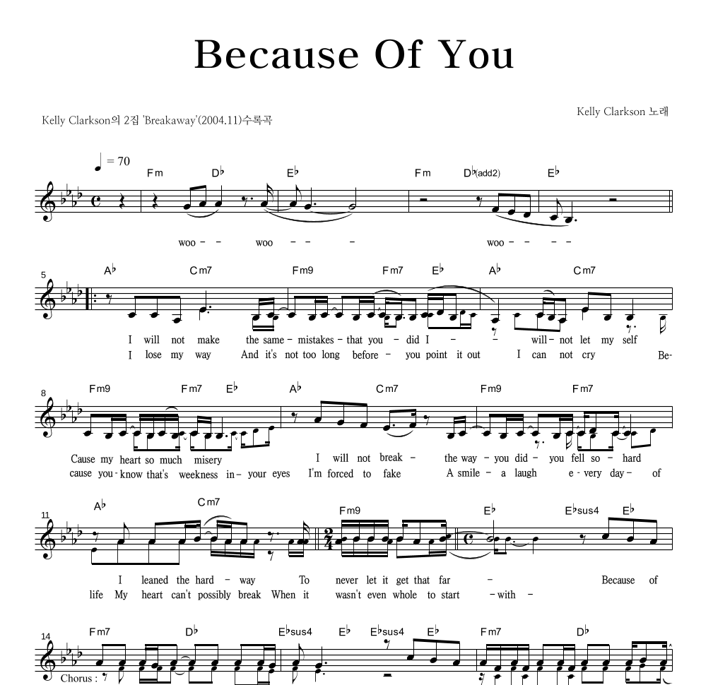Kelly Clarkson - Because Of You 멜로디 악보 