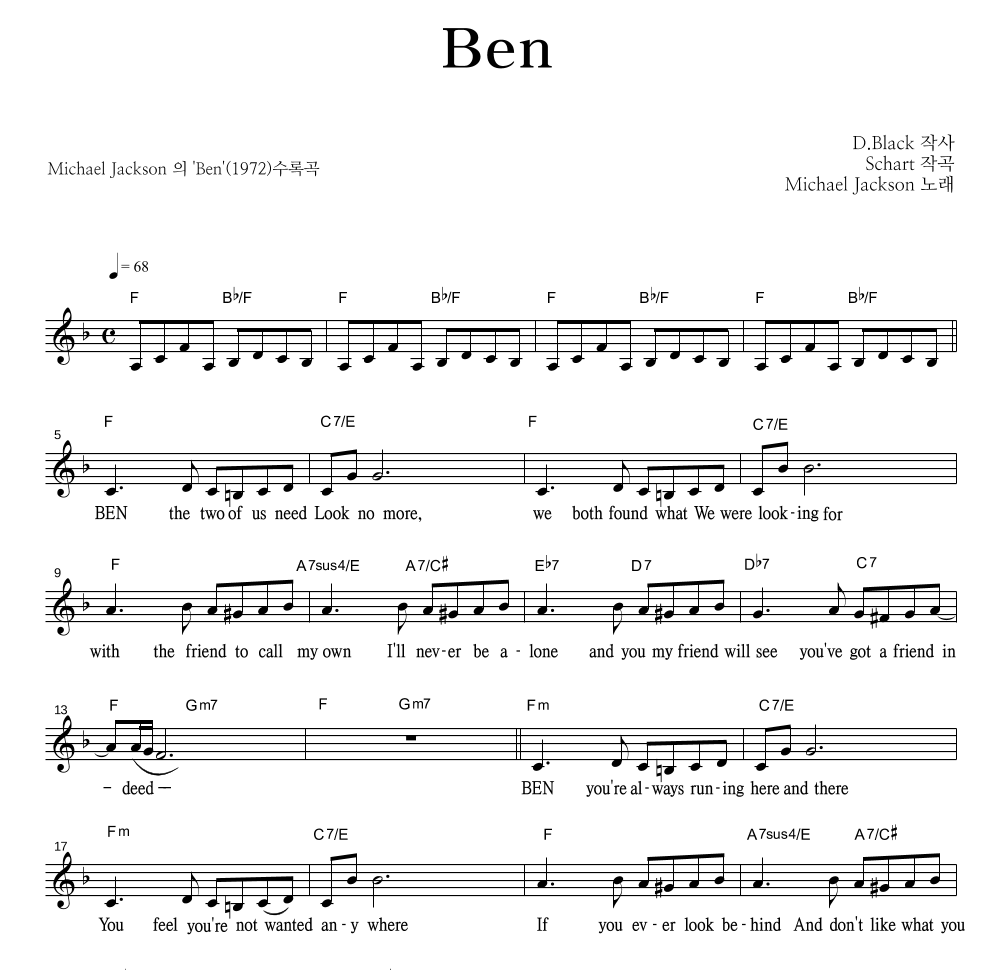 Michael Jackson - Ben 멜로디 악보 