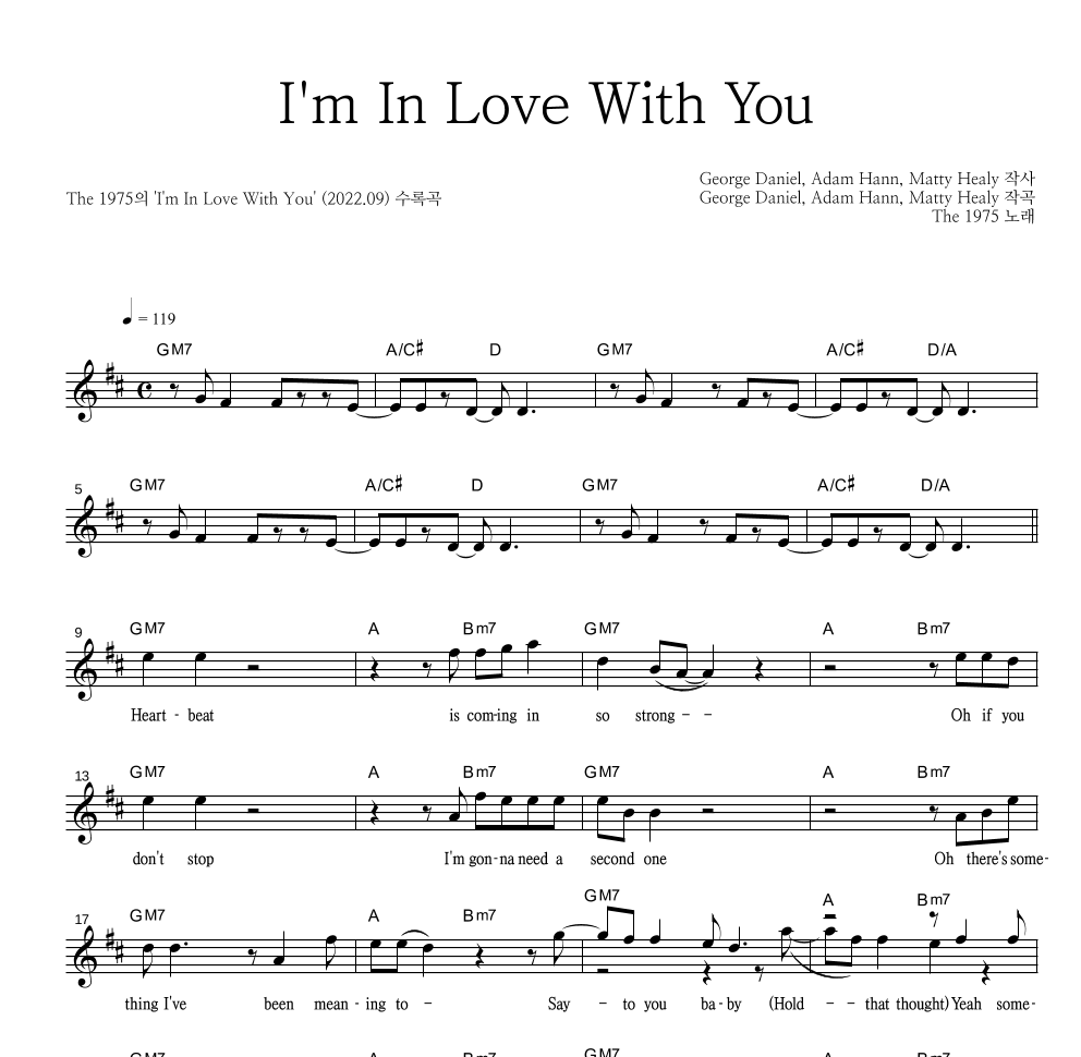 The 1975 - I'm In Love With You 멜로디 악보 