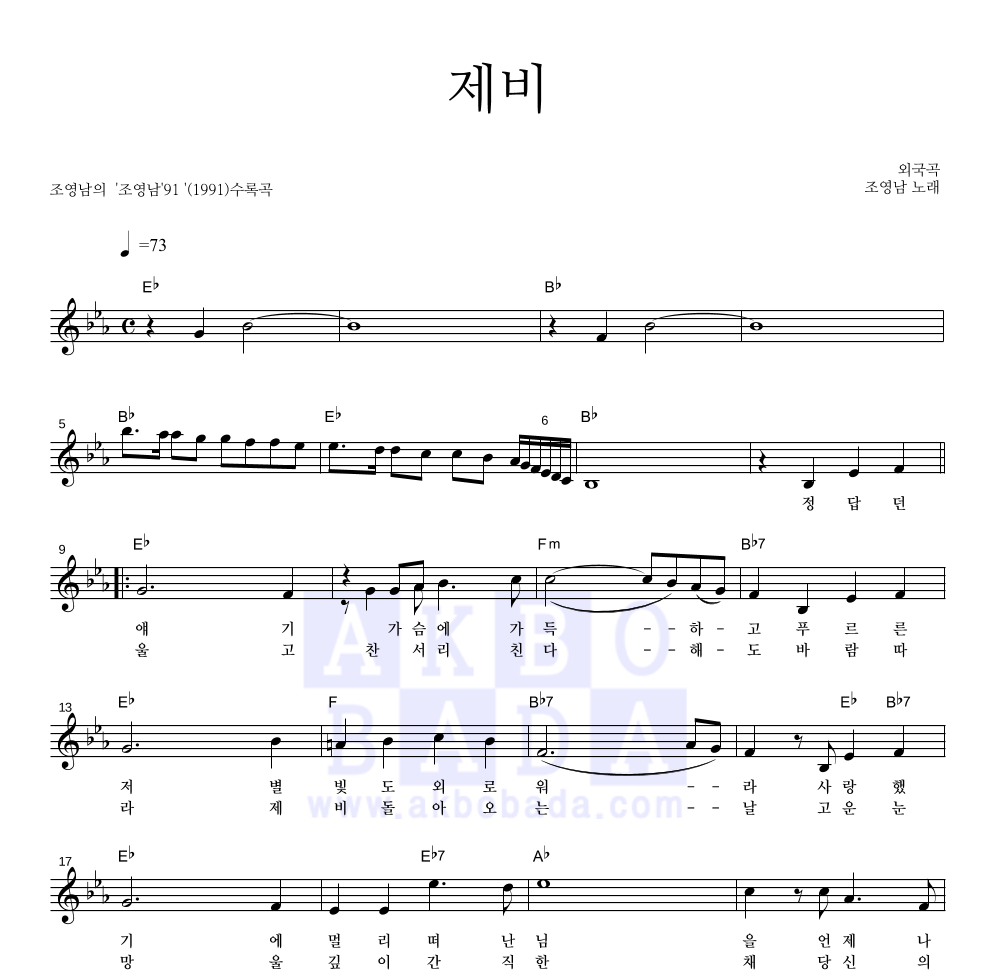 조영남 - 제비 멜로디 악보 