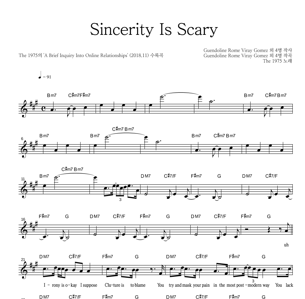 The 1975 - Sincerity Is Scary 멜로디 악보 