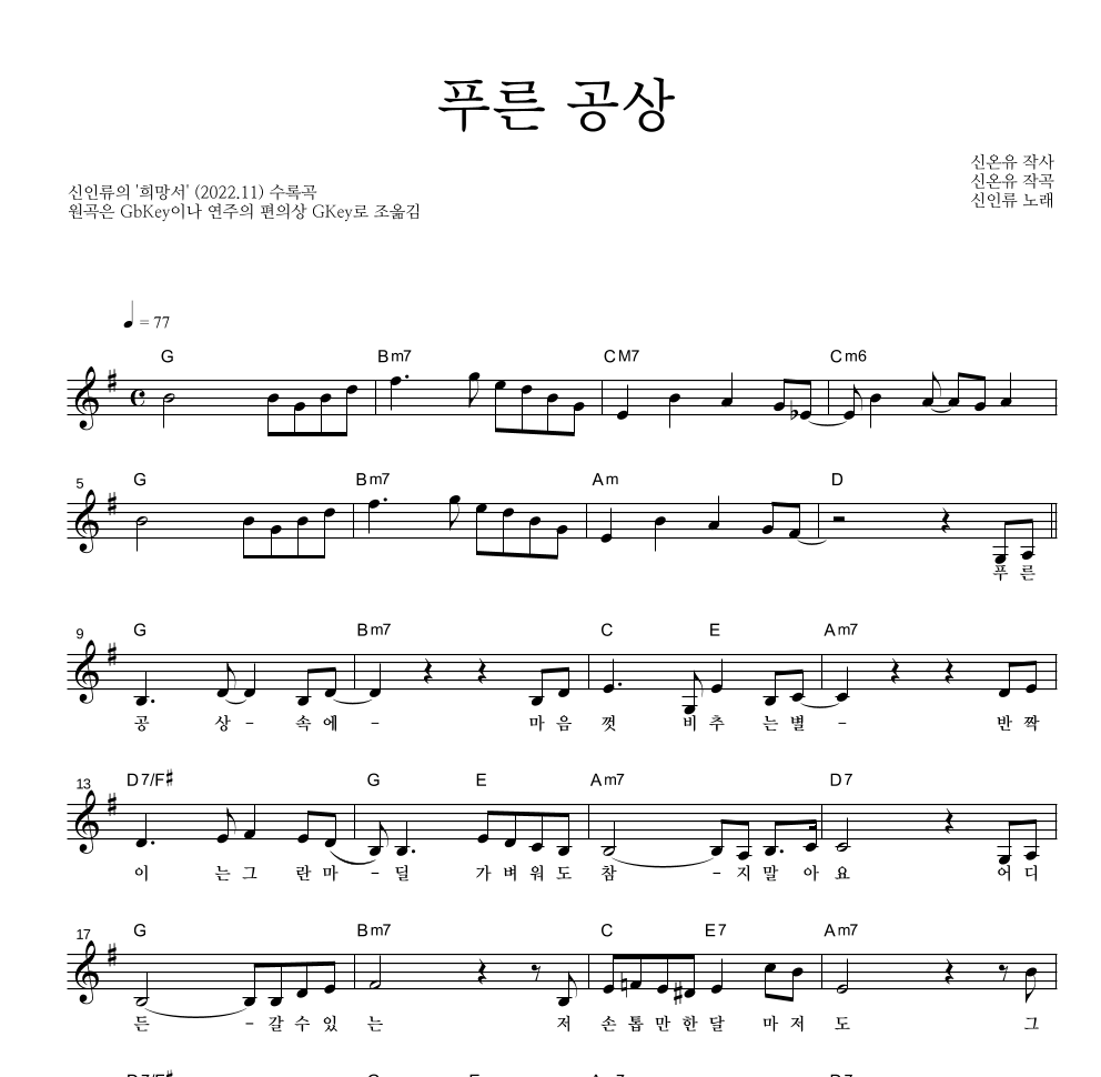 신인류 - 푸른 공상 멜로디 악보 