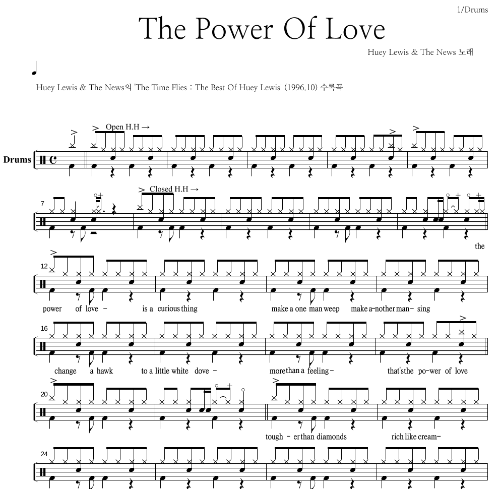 Huey Lewis & The News - The Power Of Love 드럼(Tab) 악보 