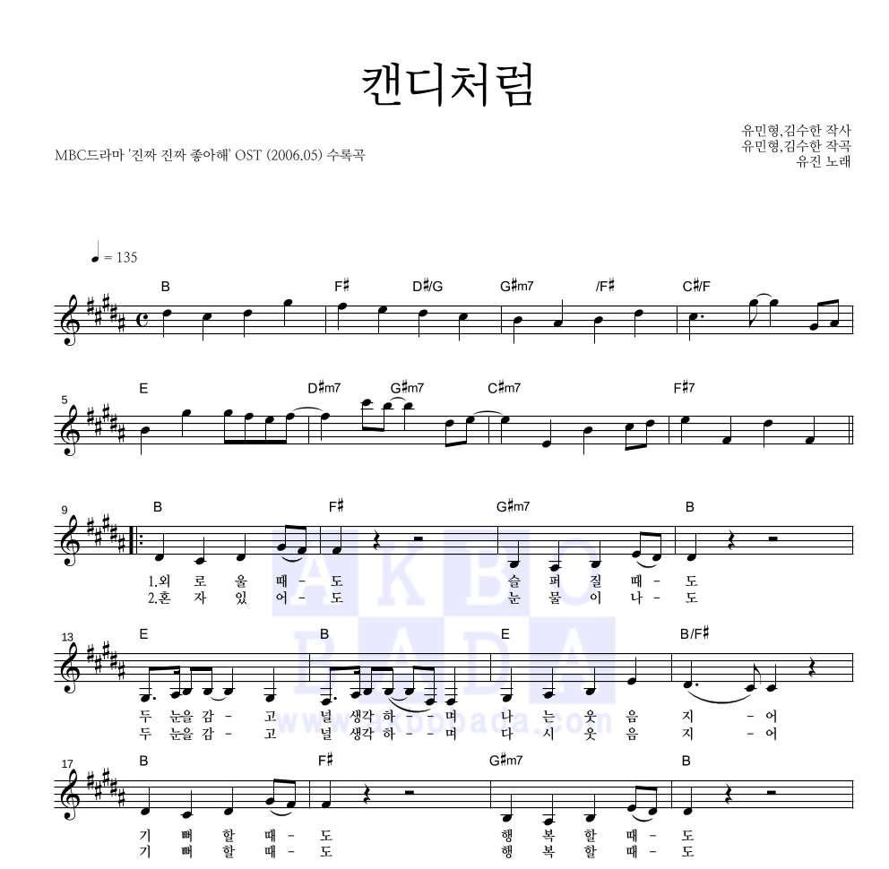 유진(S.E.S) - 캔디처럼 멜로디 악보 