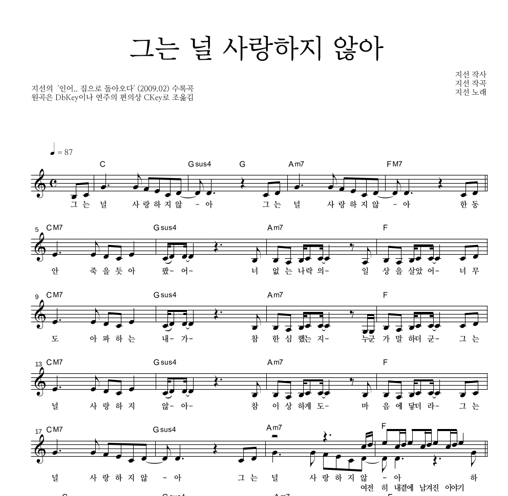 지선 - 그는 널 사랑하지 않아 멜로디 악보 