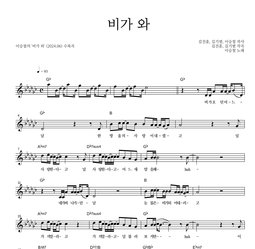 이승철 - 비가 와 멜로디 악보 