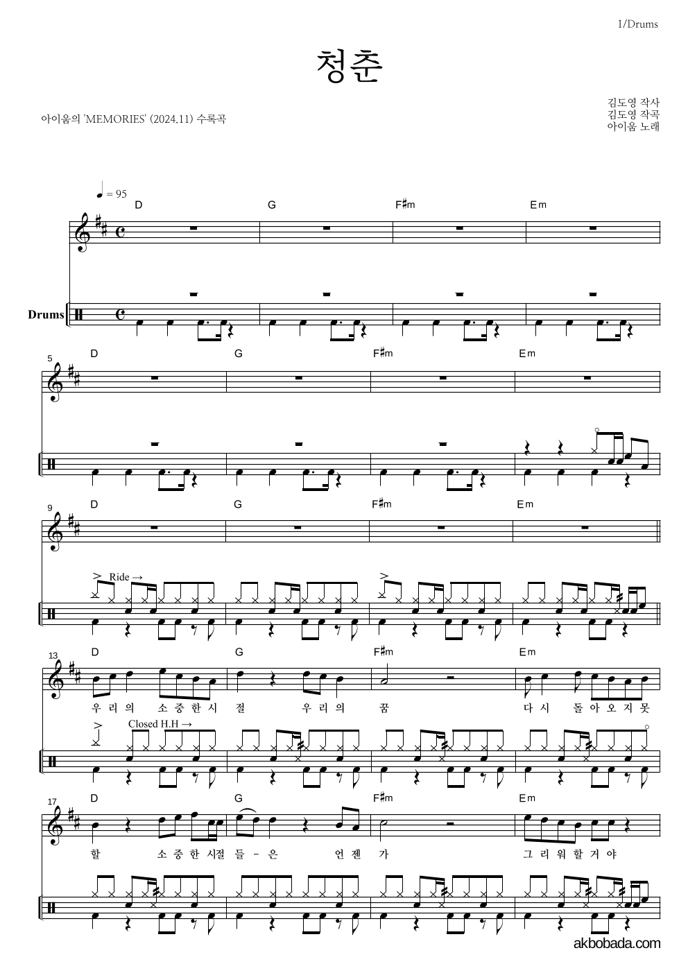 아이움 - 청춘 드럼 악보 