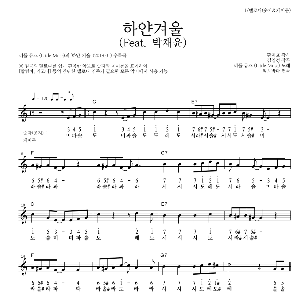 리틀 뮤즈 - 하얀겨울 (Feat. 박채윤) 멜로디-숫자&계이름 악보 