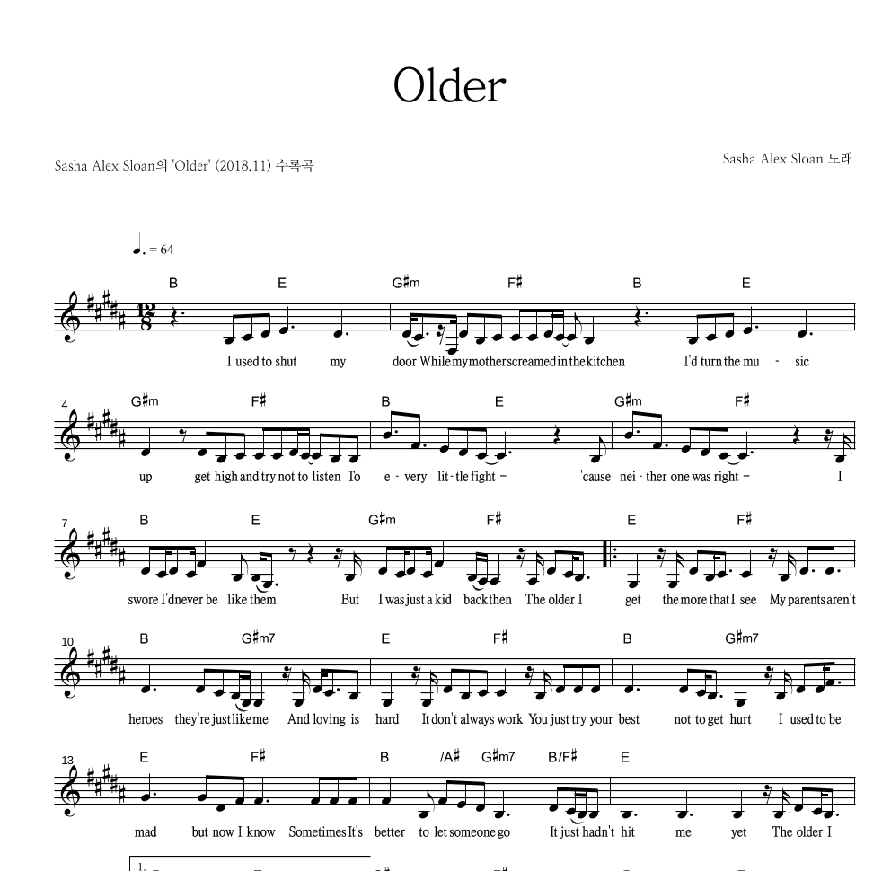 Sasha Alex Sloan - Older 멜로디 악보 