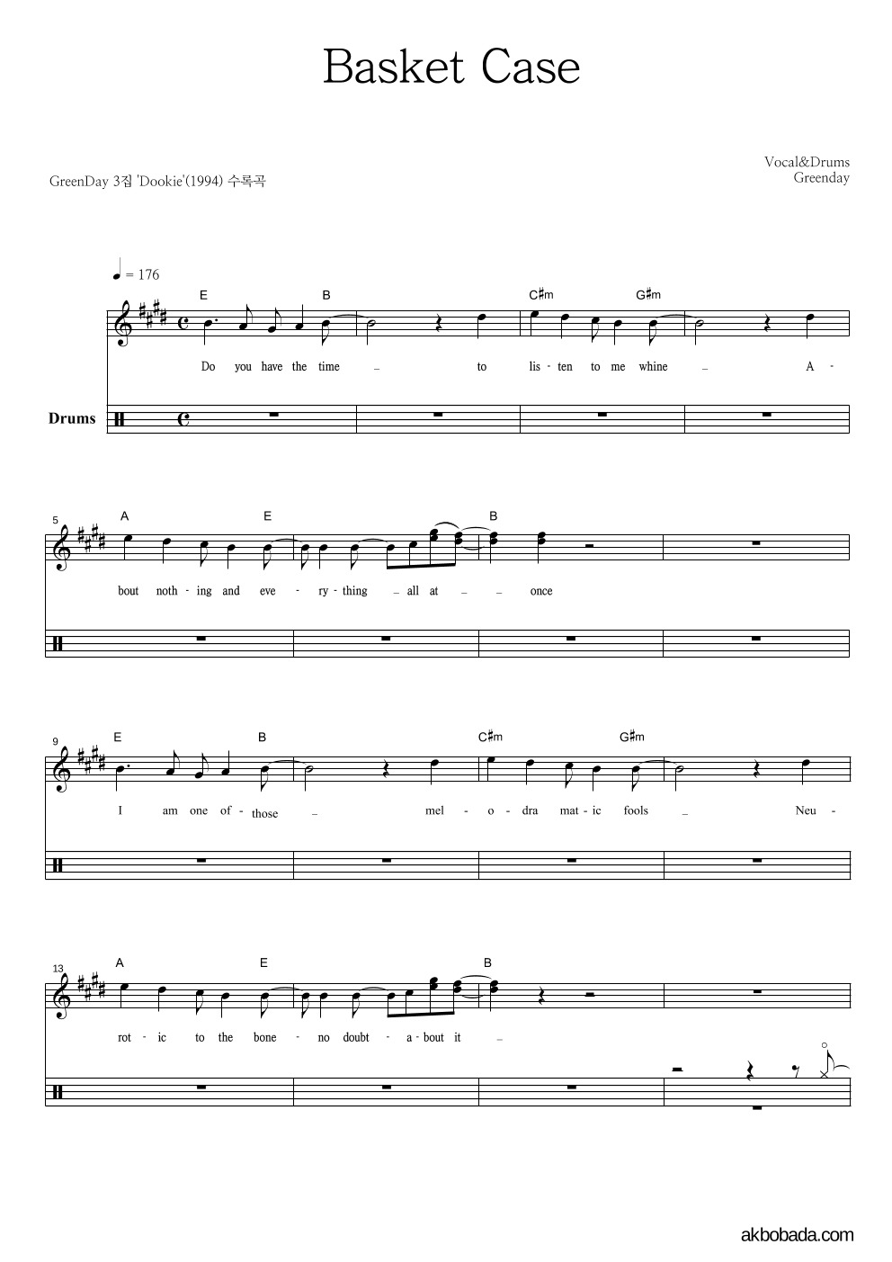 Green Day - Basket Case 드럼 악보 