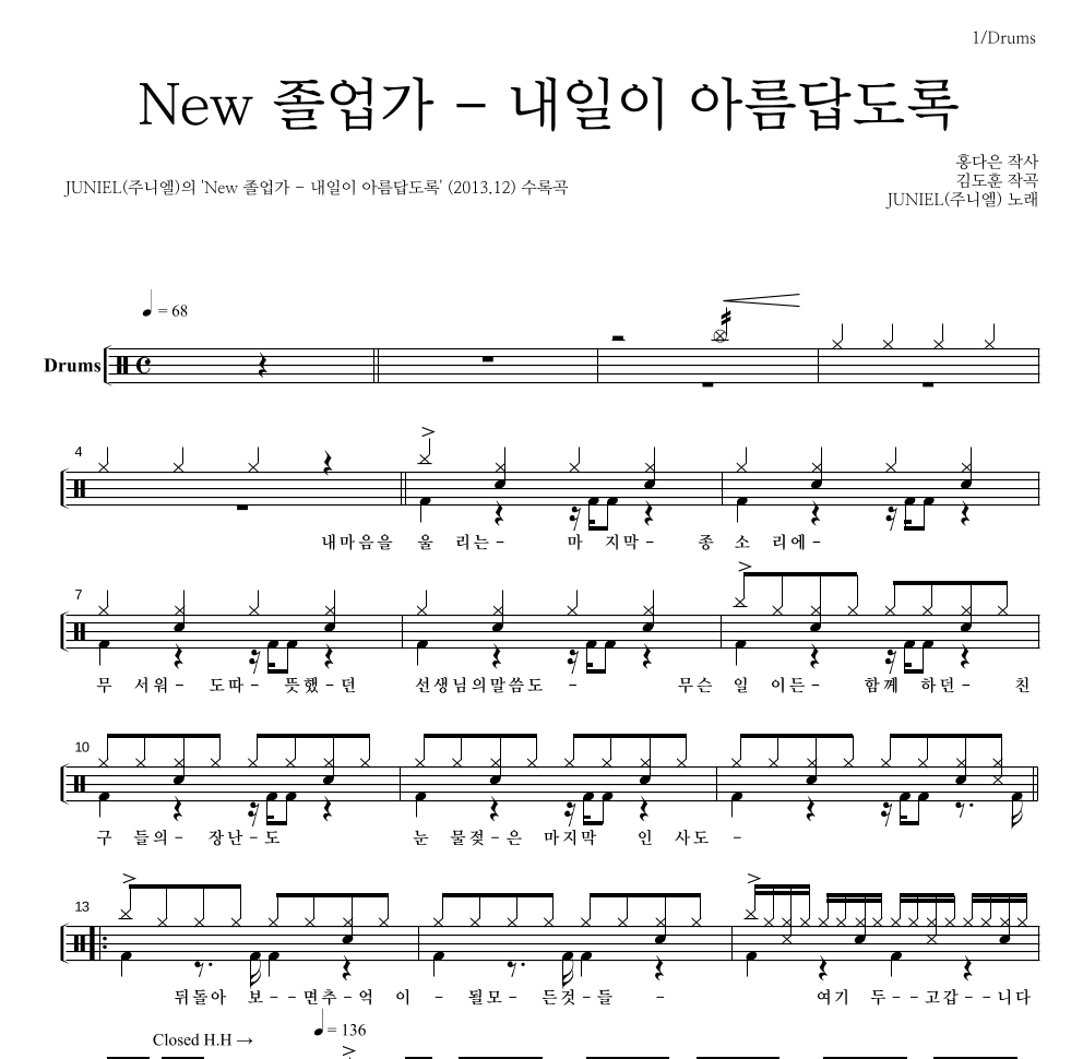 주니엘 - New 졸업가 - 내일이 아름답도록 드럼(Tab) 악보 