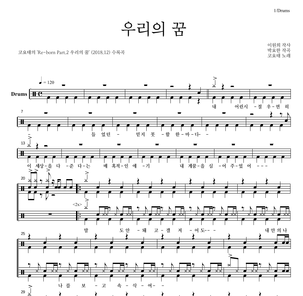 코요태 - 우리의 꿈 드럼(Tab) 악보 