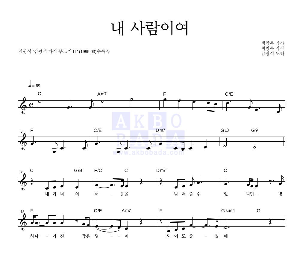 김광석 - 내 사람이여 멜로디 악보 