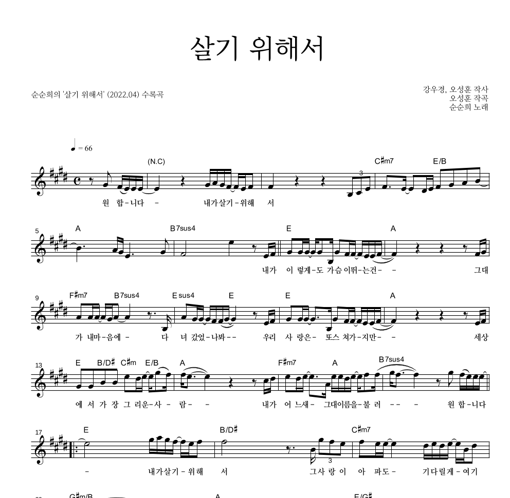순순희 - 살기 위해서 멜로디 악보 