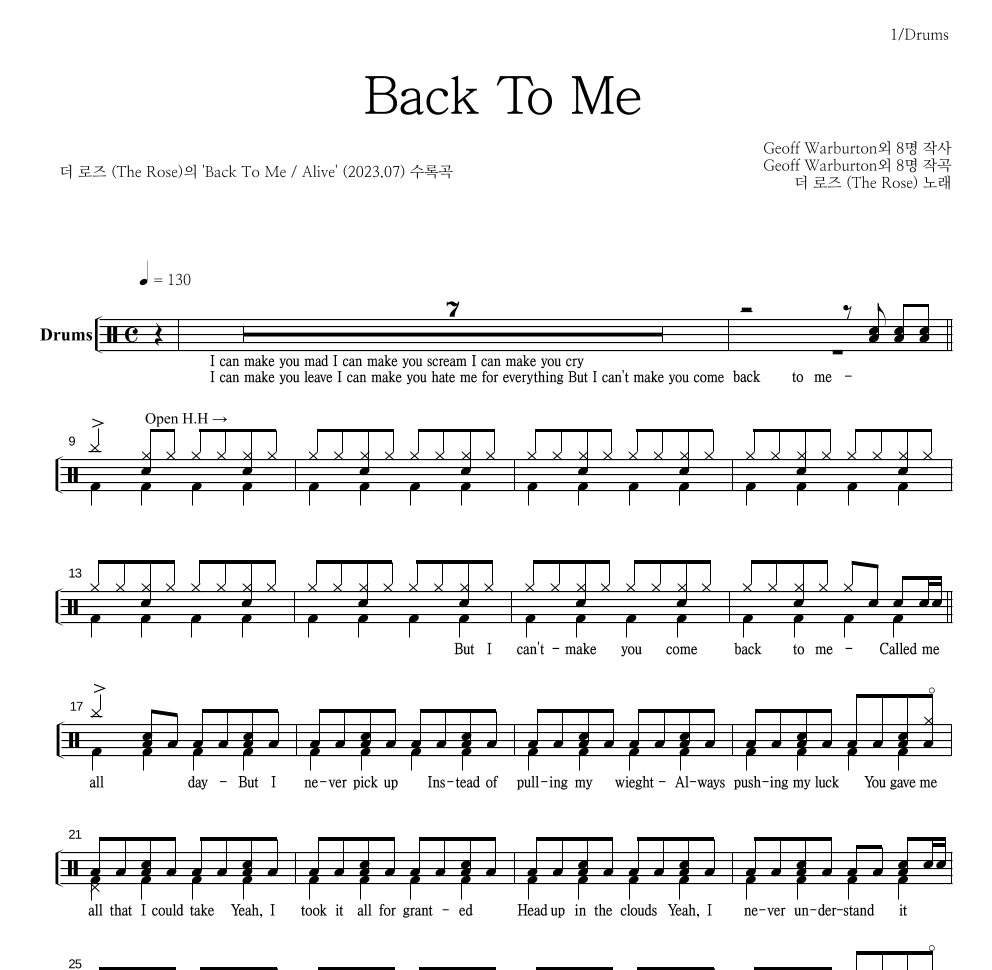 더 로즈 - Back To Me 드럼(Tab) 악보 