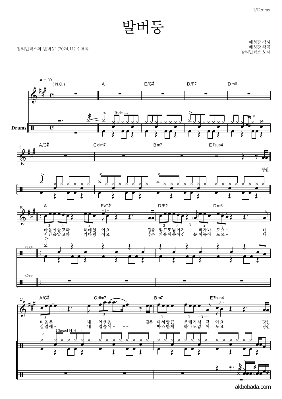 찰리빈웍스 - 발버둥 드럼 악보 