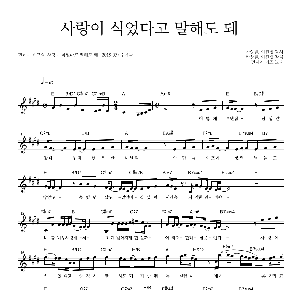 먼데이 키즈 - 사랑이 식었다고 말해도 돼 멜로디 악보 