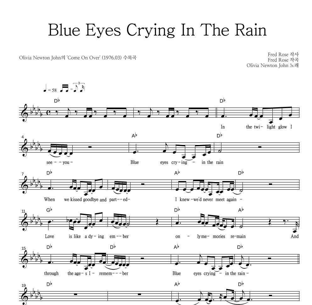 Olivia Newton John - Blue Eyes Crying In The Rain 멜로디 악보 