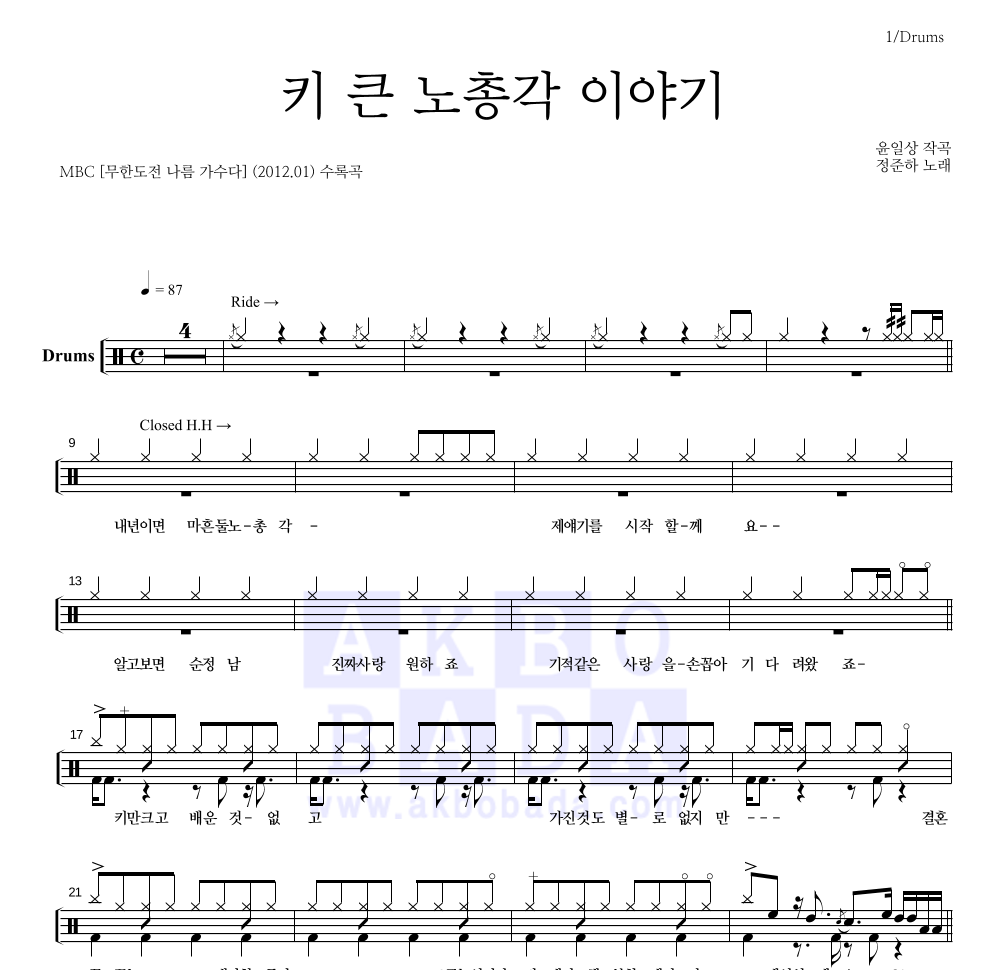 정준하 - 키 큰 노총각 이야기 드럼(Tab) 악보 