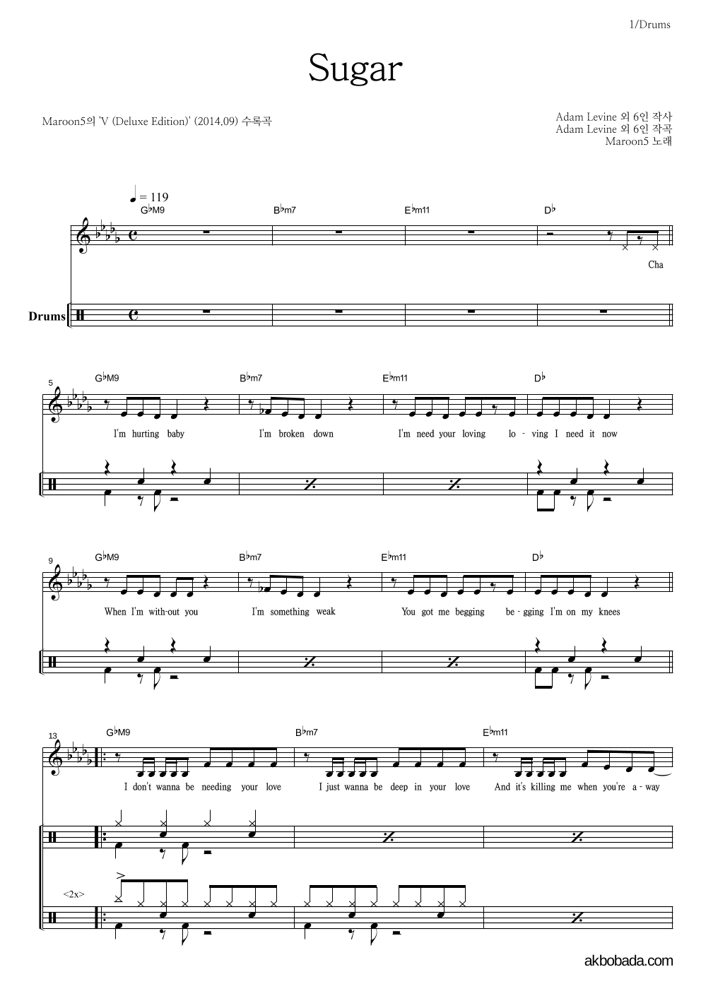 Maroon5 - Sugar 드럼 악보 
