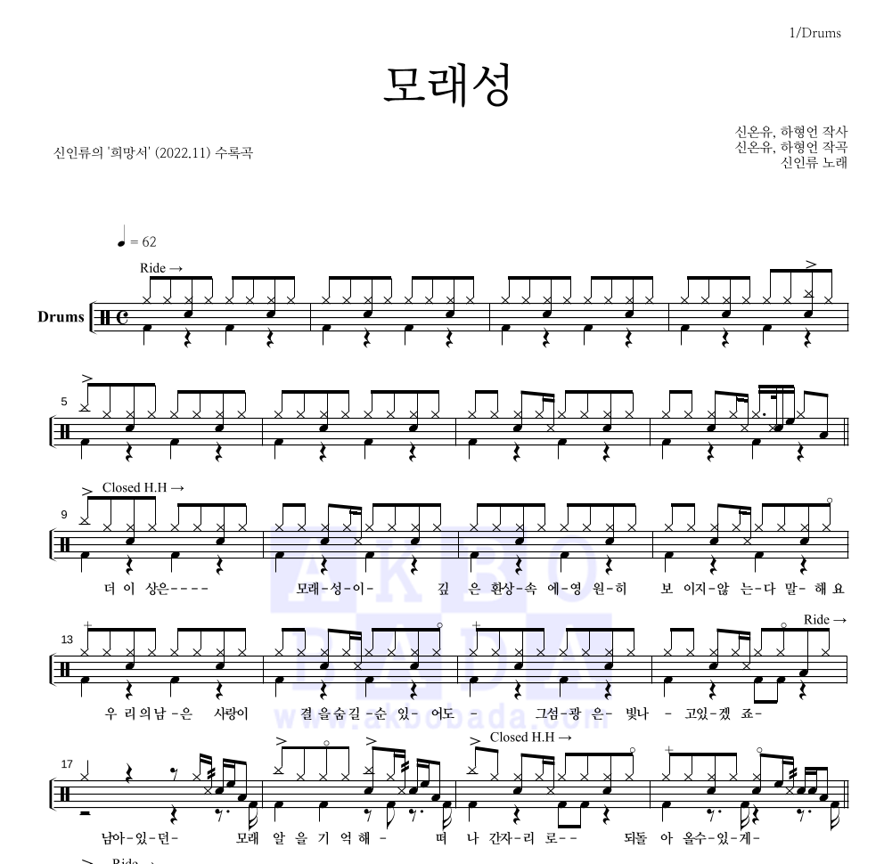 신인류 - 모래성 드럼(Tab) 악보 