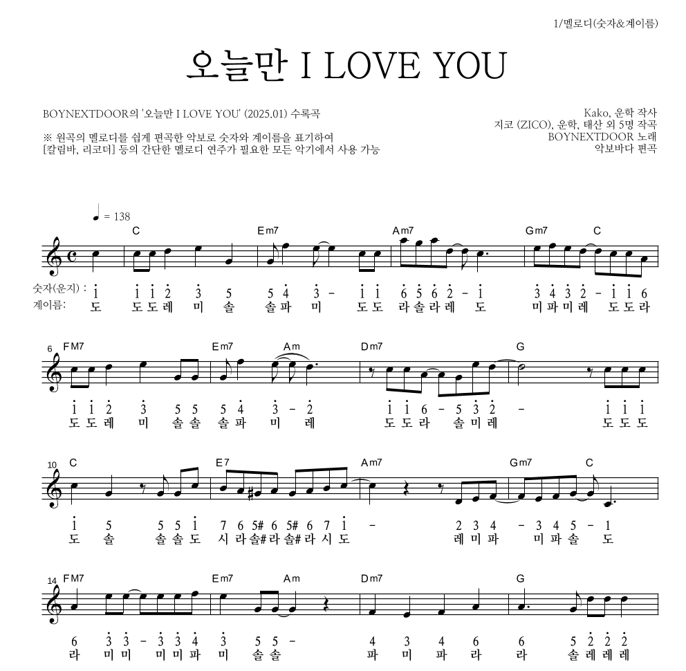 BOYNEXTDOOR - 오늘만 I LOVE YOU 멜로디-숫자&계이름 악보 