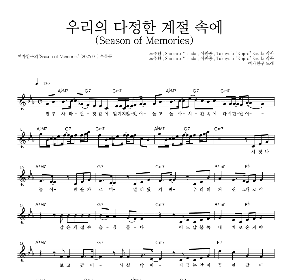 여자친구 - 우리의 다정한 계절 속에 (Season of Memories) 멜로디 악보 