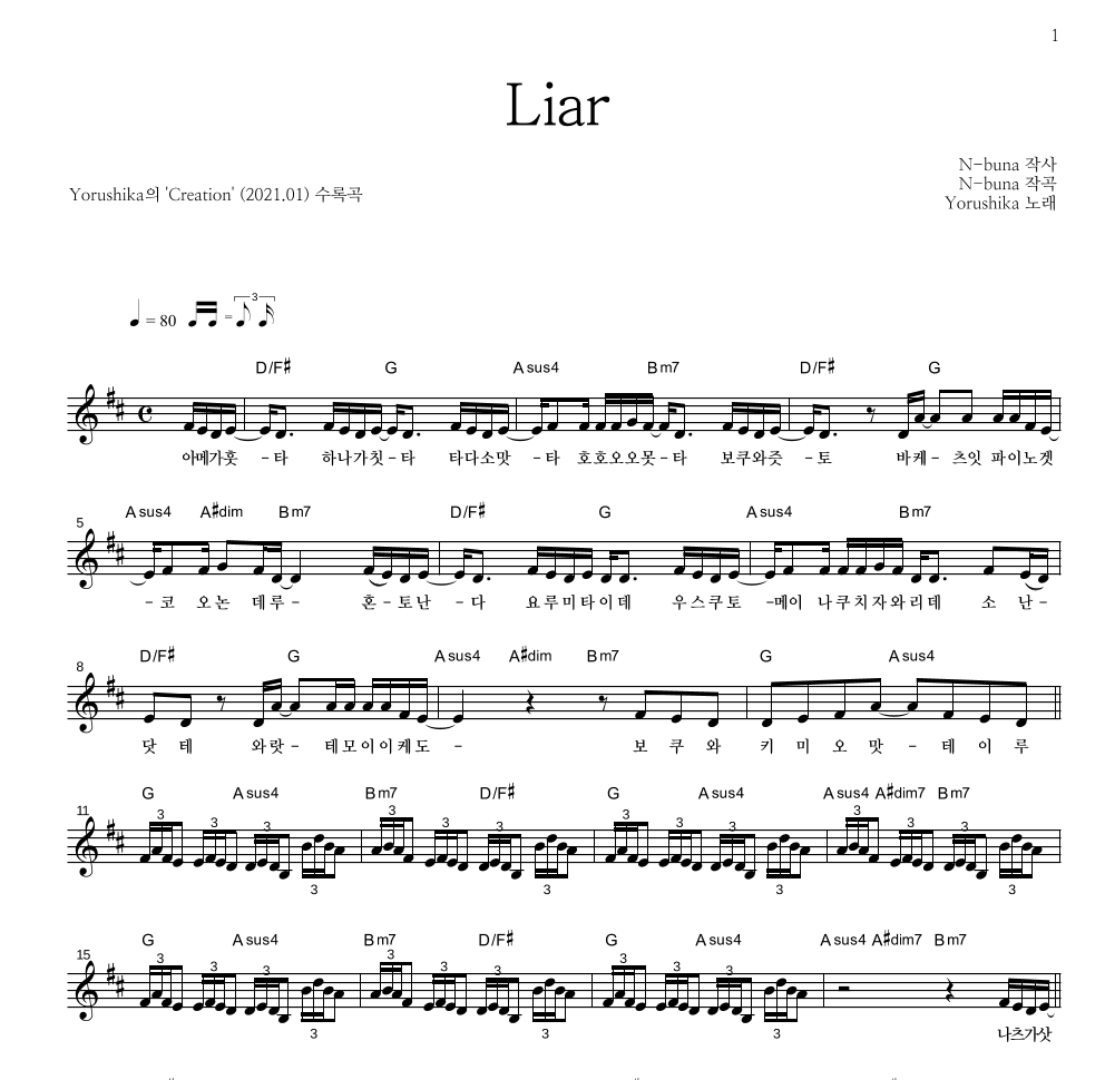 Yorushika - Liar 멜로디 악보 