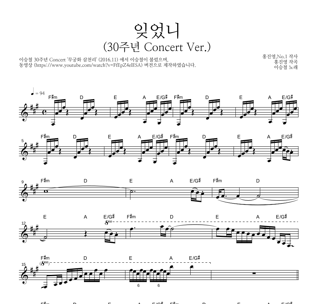 이승철 - 잊었니 (30주년 Concert Ver.) 멜로디 악보 