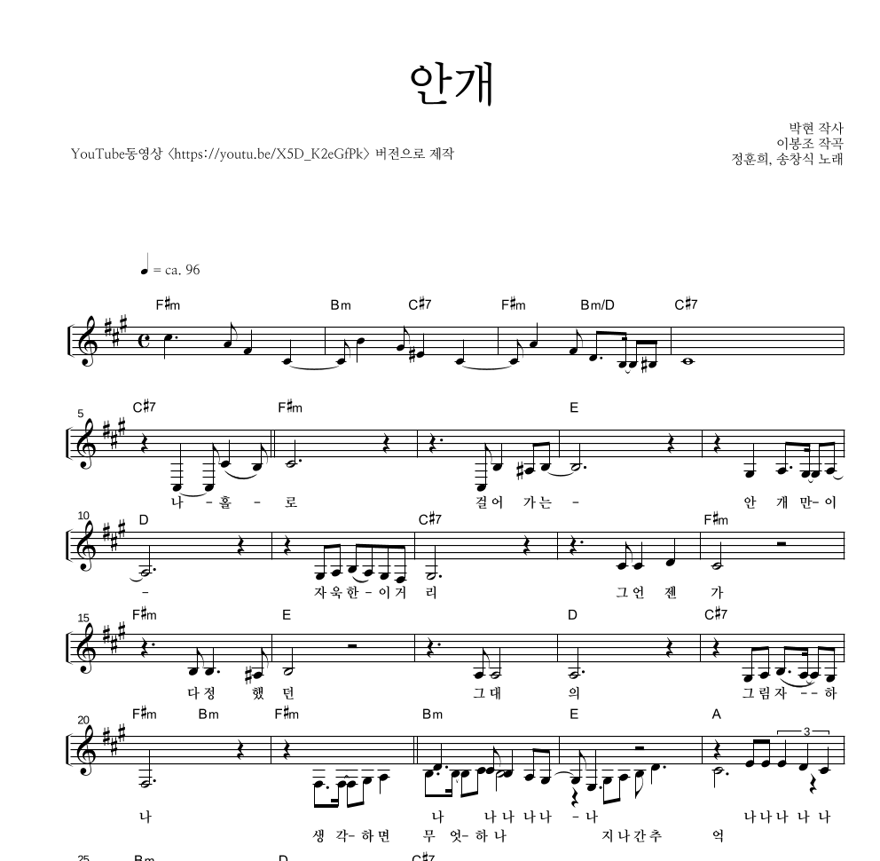 정훈희,송창식 - 안개 멜로디 악보 