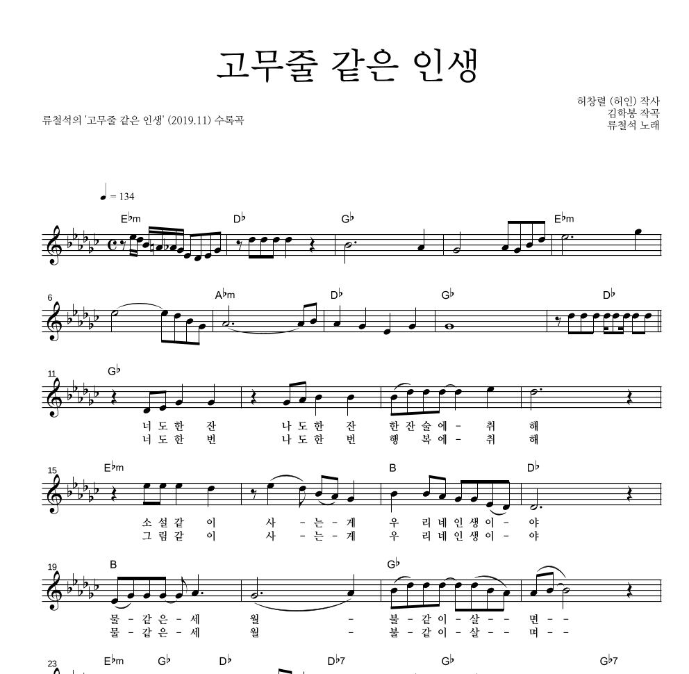 류철석 - 고무줄 같은 인생 멜로디 악보 