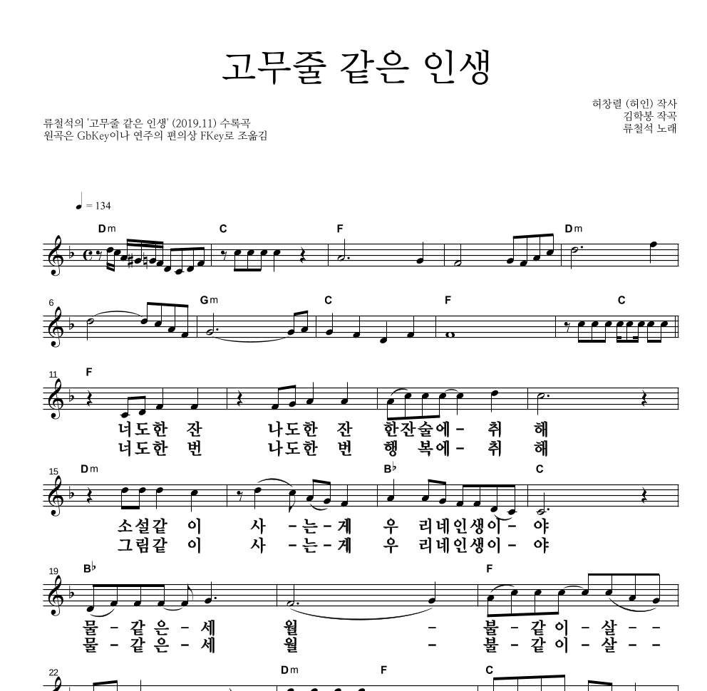 류철석 - 고무줄 같은 인생 멜로디 큰가사 악보 