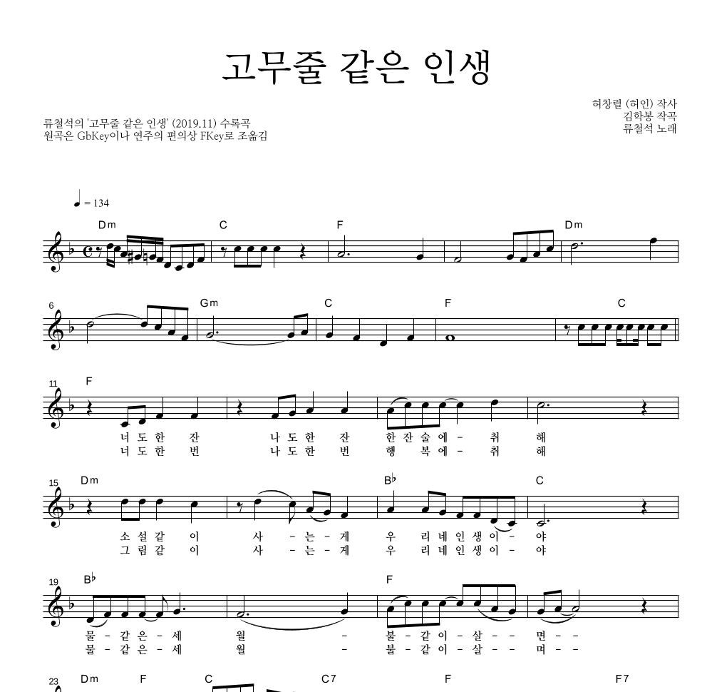 류철석 - 고무줄 같은 인생 멜로디 악보 