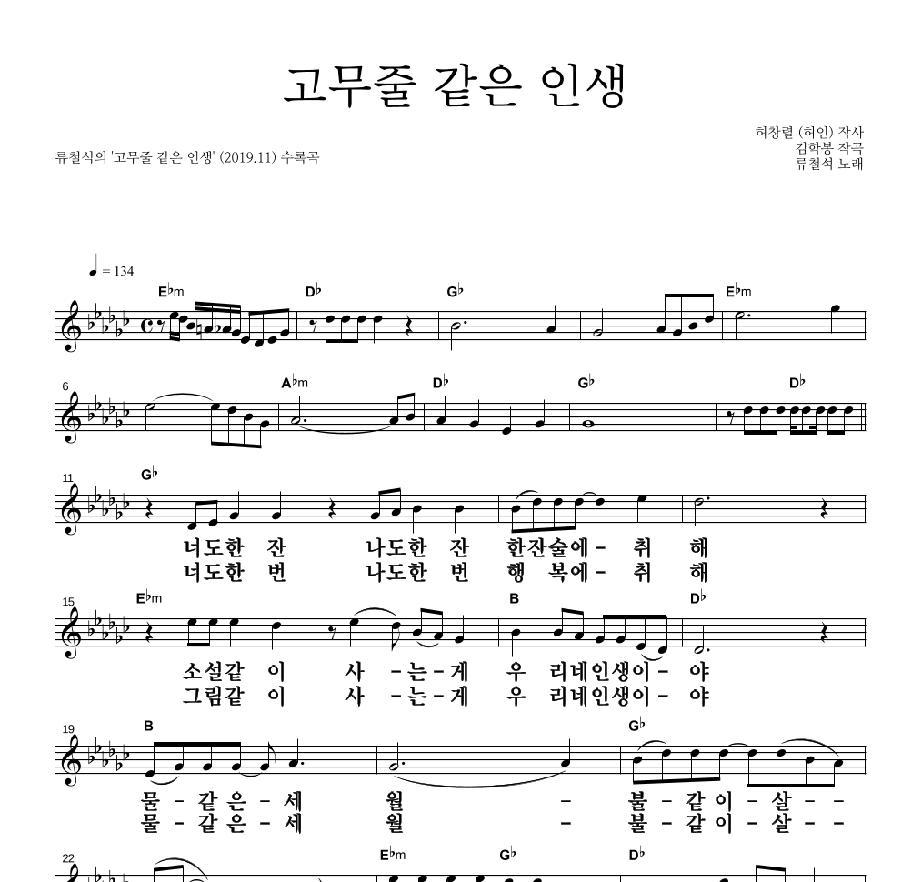 류철석 - 고무줄 같은 인생 멜로디 큰가사 악보 