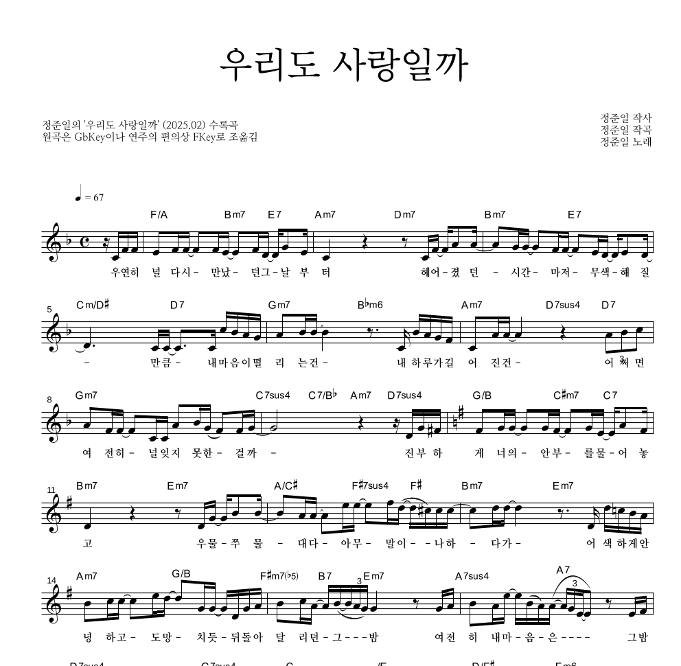 정준일 - 우리도 사랑일까 멜로디 악보 