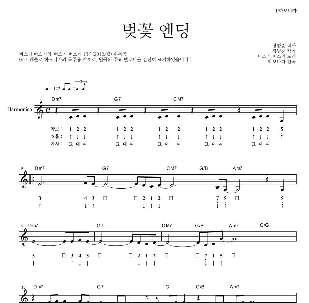 버스커 버스커 - 벚꽃 엔딩 하모니카 악보 