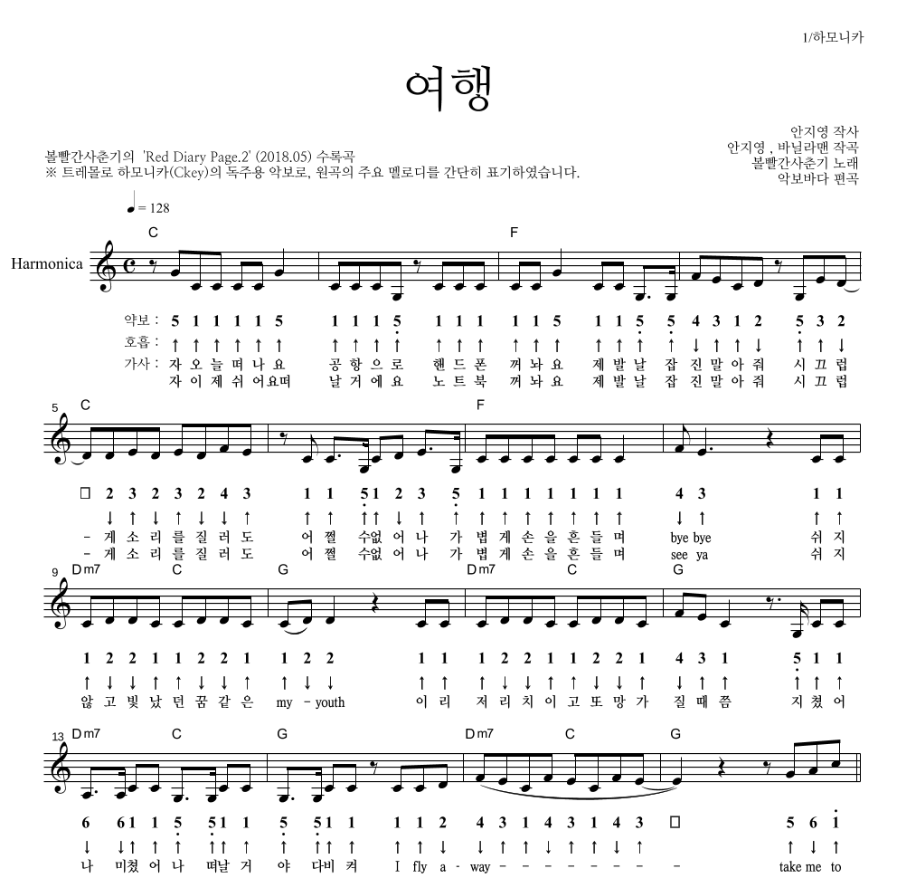 볼빨간사춘기 - 여행 하모니카 악보 