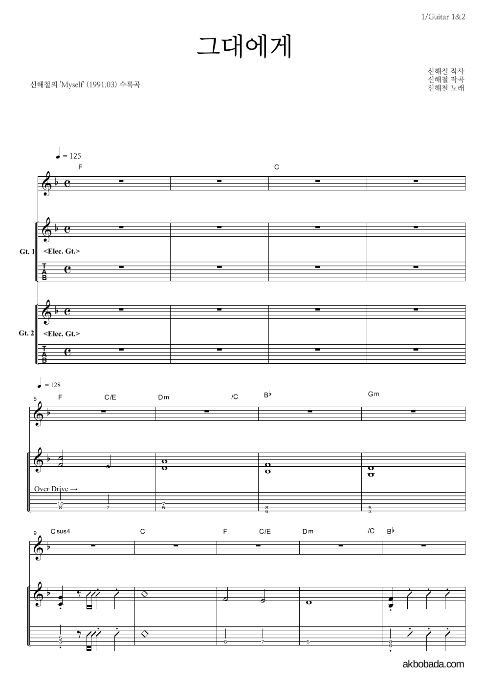 신해철 - 그대에게 기타1,2 악보 