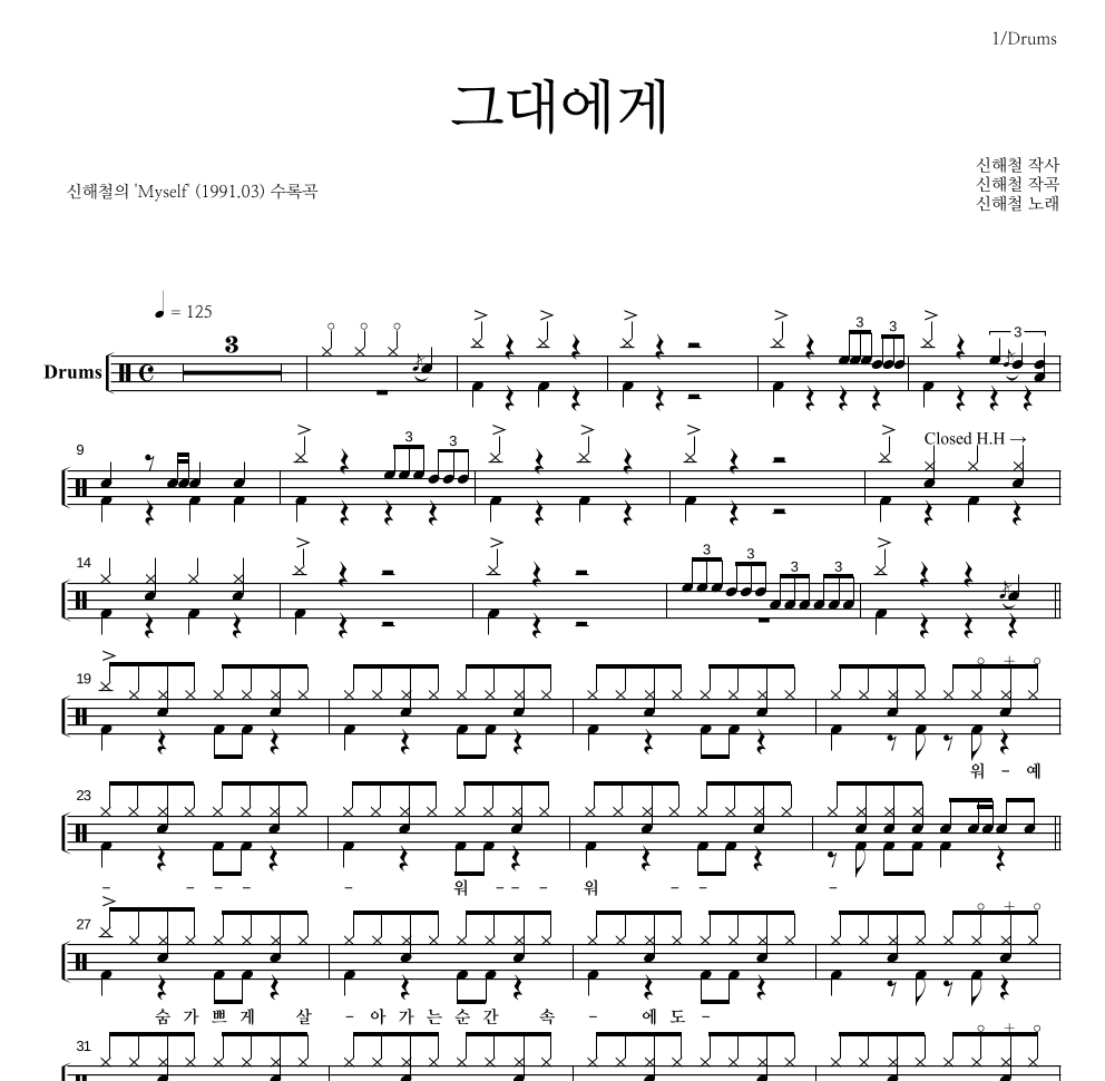 신해철 - 그대에게 드럼(Tab) 악보 