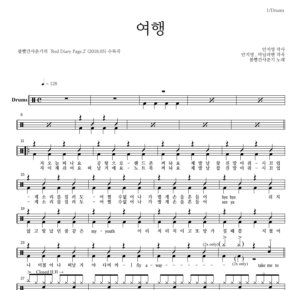 볼빨간사춘기 - 여행 드럼(Tab) 악보 