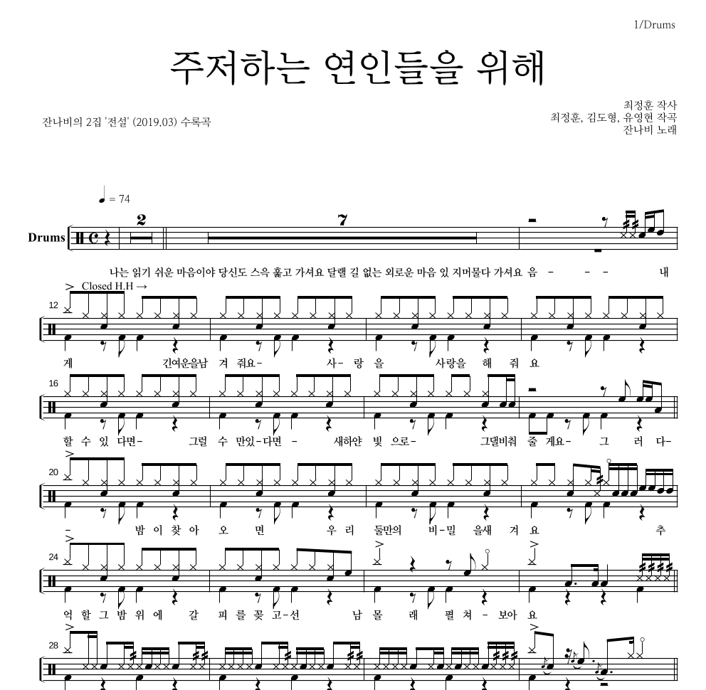 잔나비 - 주저하는 연인들을 위해 드럼(Tab) 악보 