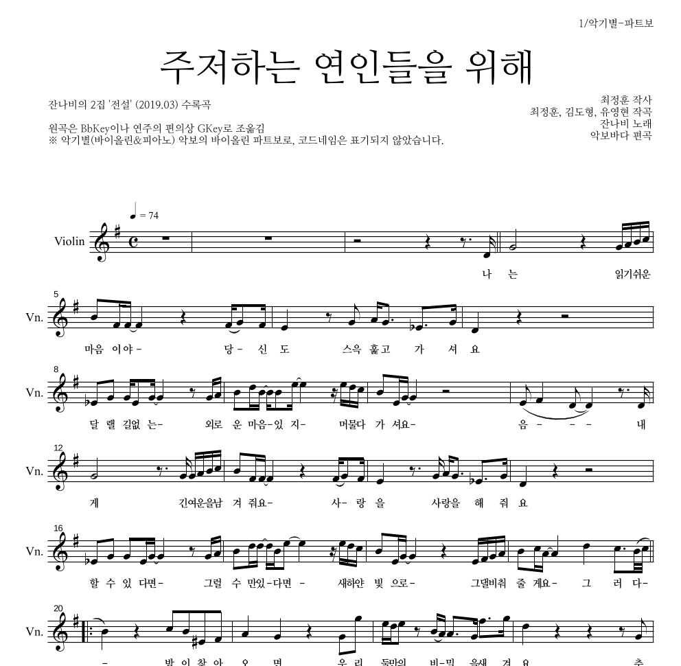 잔나비 - 주저하는 연인들을 위해 바이올린 파트보 악보 