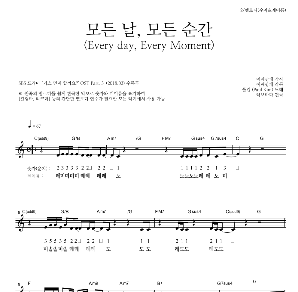 폴킴 - 모든 날, 모든 순간 (Every day, Every Moment) 멜로디-숫자&계이름 악보 