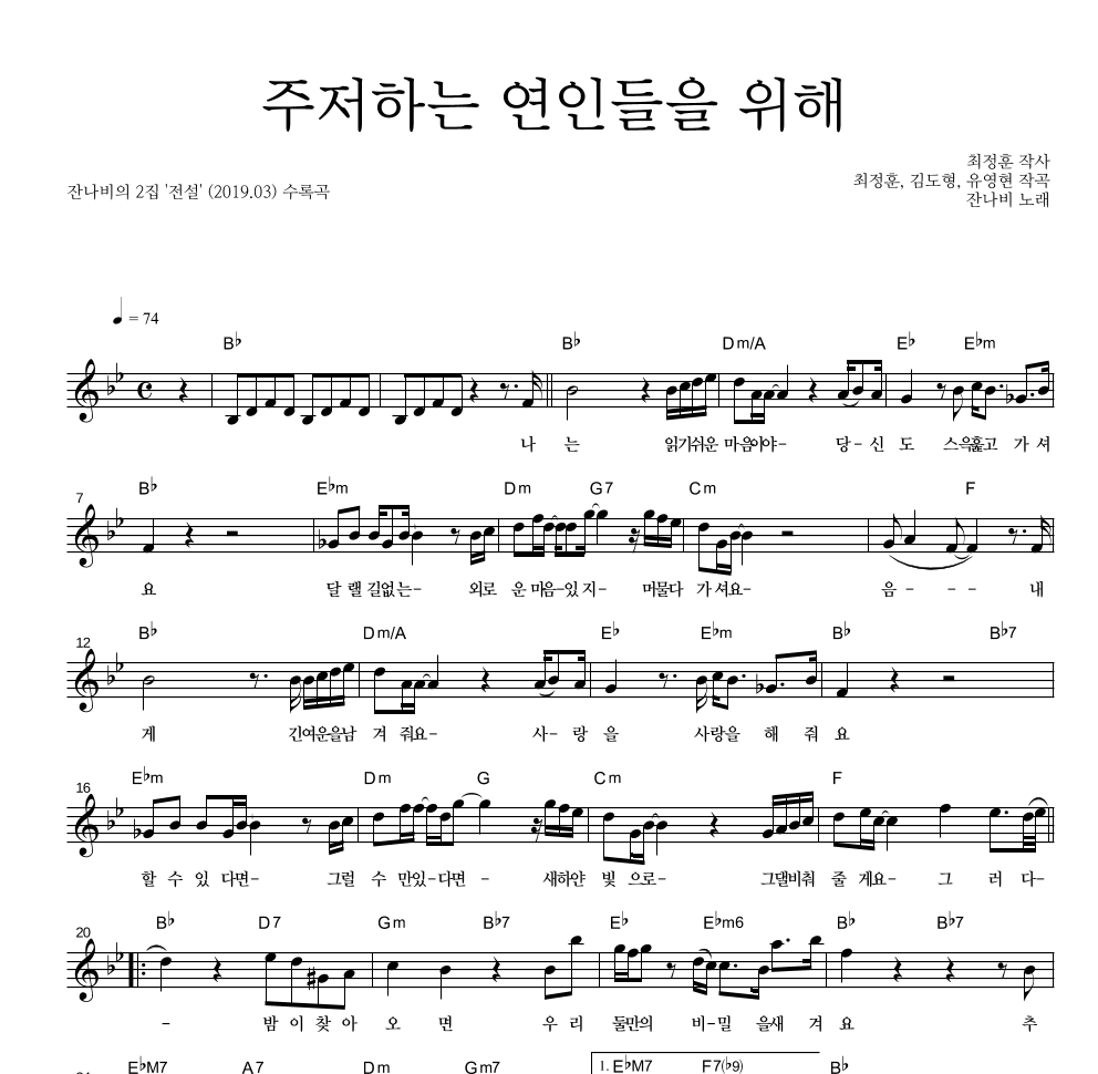 잔나비 - 주저하는 연인들을 위해 멜로디 악보 