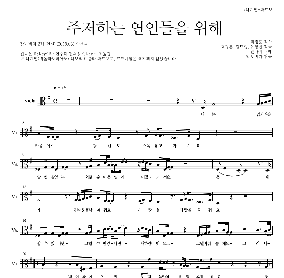 잔나비 - 주저하는 연인들을 위해 비올라 파트보 악보 