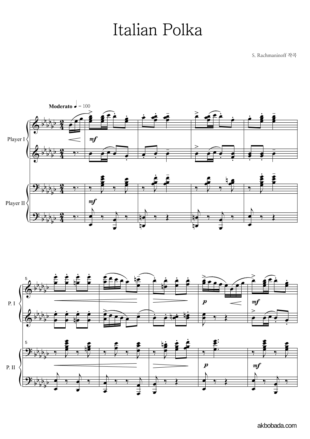 라흐마니노프 - Italian Polka 연탄곡 악보 