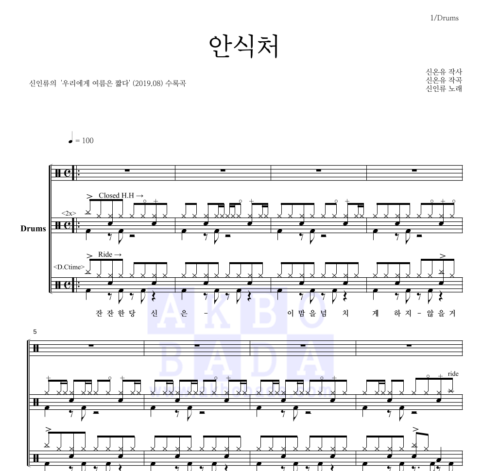 신인류 - 안식처 드럼(Tab) 악보 