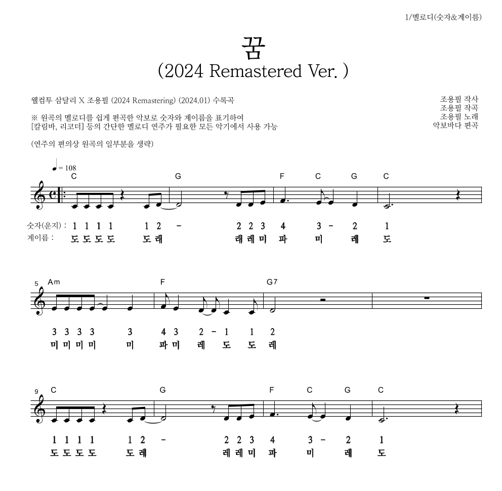 조용필 - 꿈(2024 Remastered Ver.) 멜로디-숫자&계이름 악보 